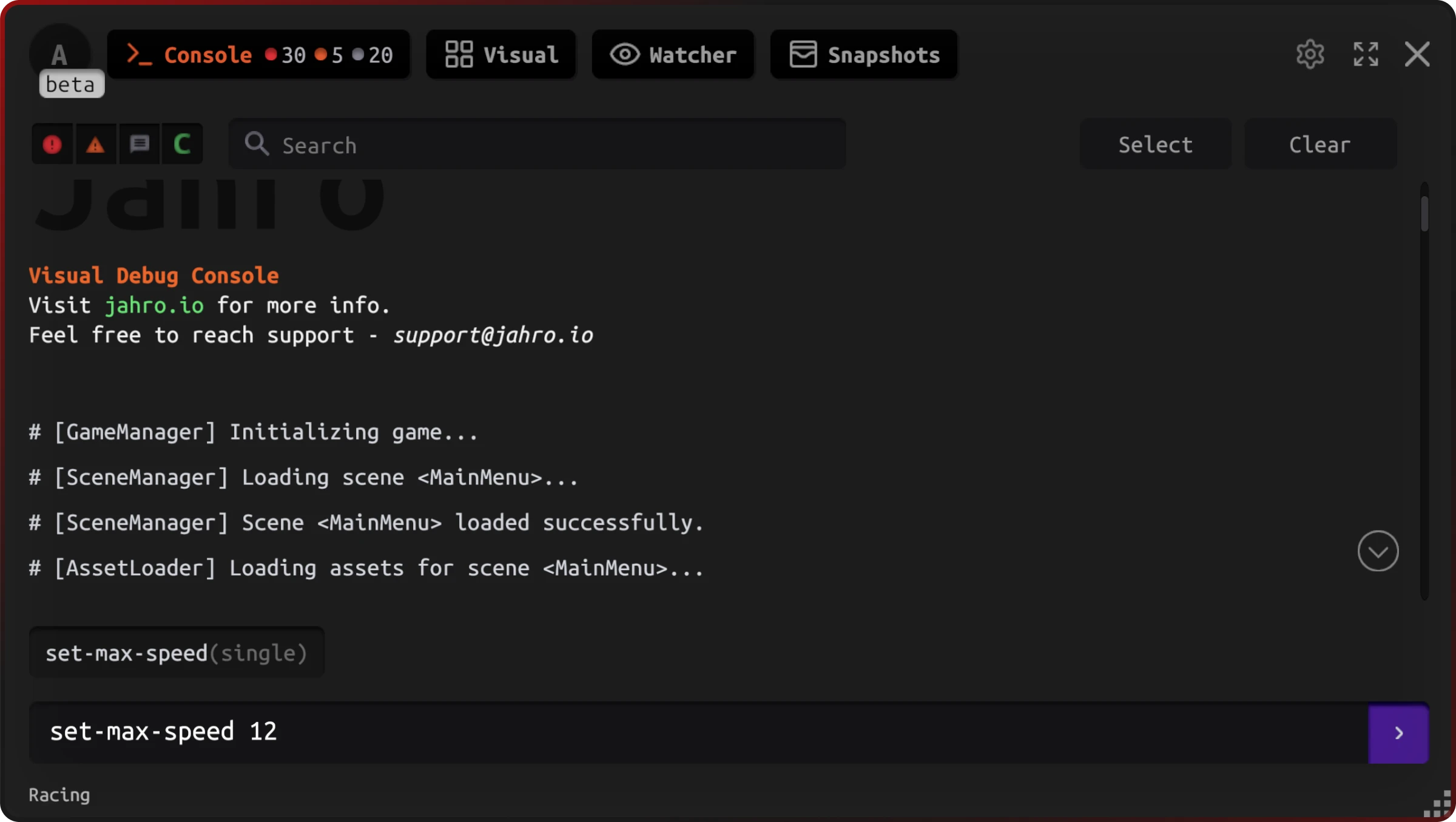 In-game Jahro console open on a mobile device showing filtered logs