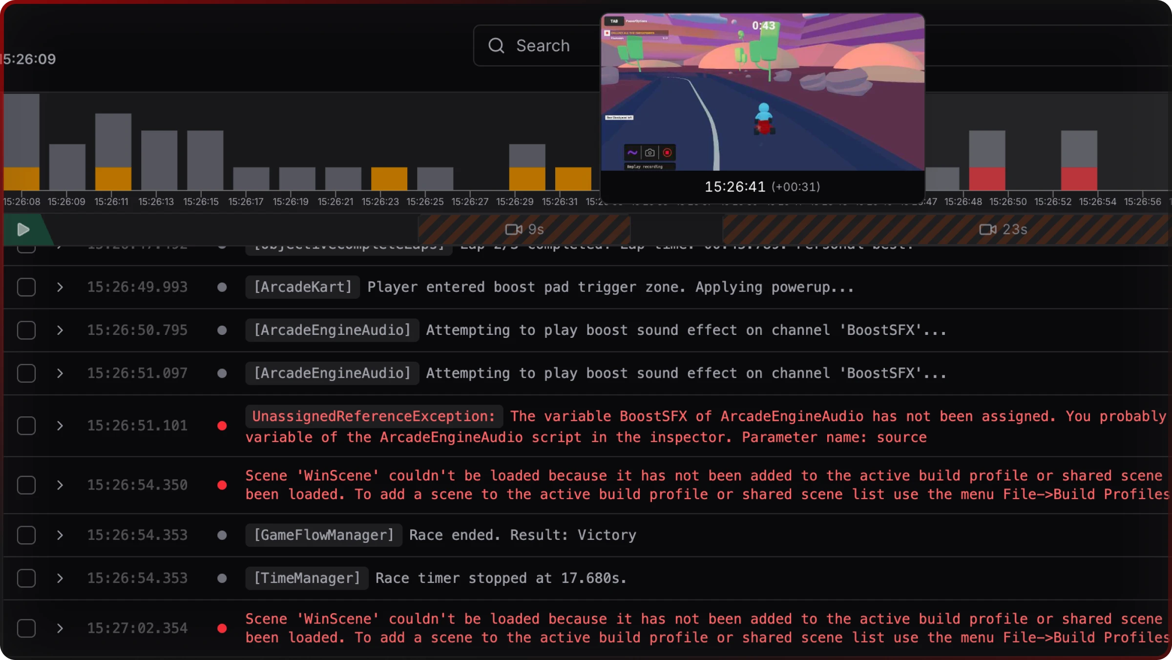 Jahro session replay timeline with logs aligned to gameplay